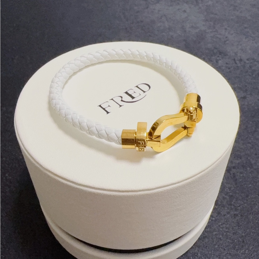 🎀 Custom Fred Style White & Gold Braided Leather Bracelet 21cm